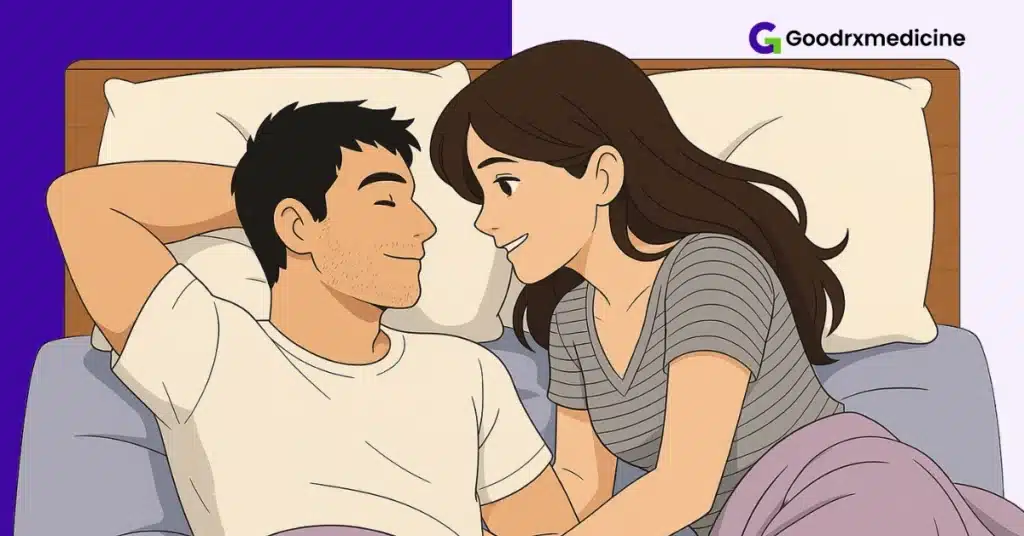 Partners smiling and communicating openly in a cozy bedroom