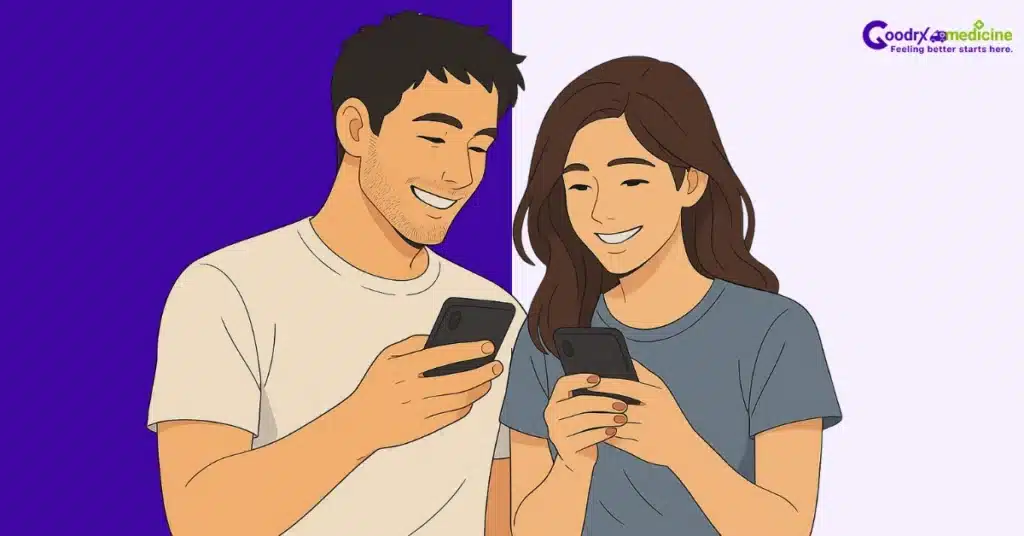 Couple flirting over text with playful smiles