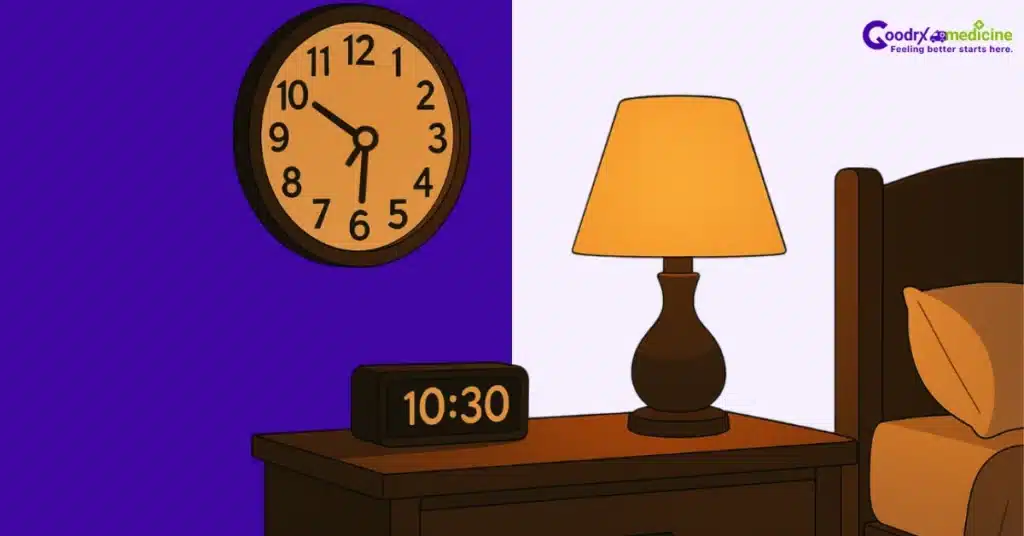 Clock showing 10:30 p.m. with soft bedroom lighting