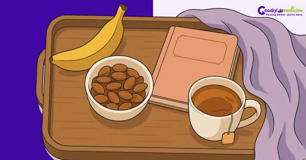Sleep-boosting foods arranged next to a book and blanket