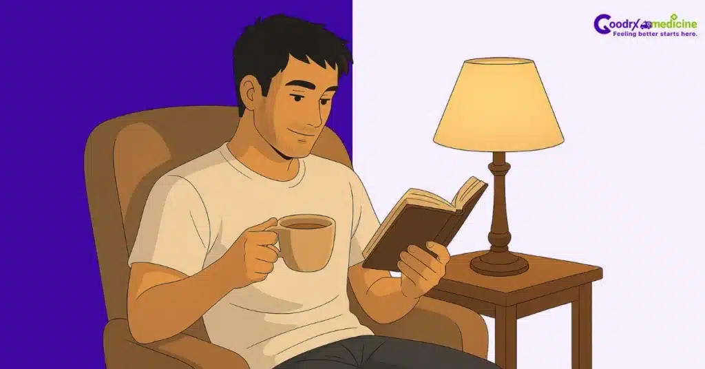 Person relaxing with herbal tea and book under soft lamplight