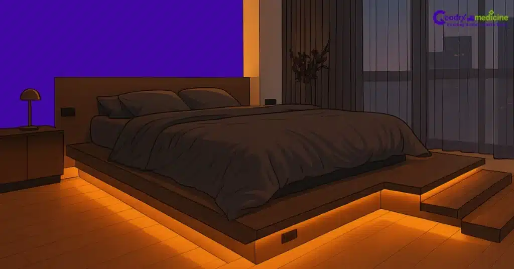Cozy minimal bedroom with warm lighting and blackout curtains