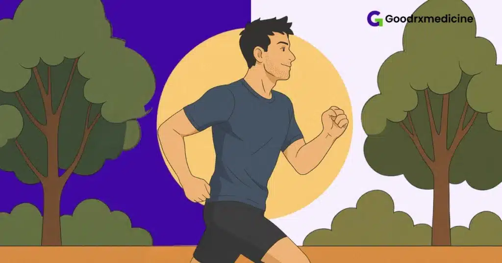 Person jogging in morning sunlight near trees