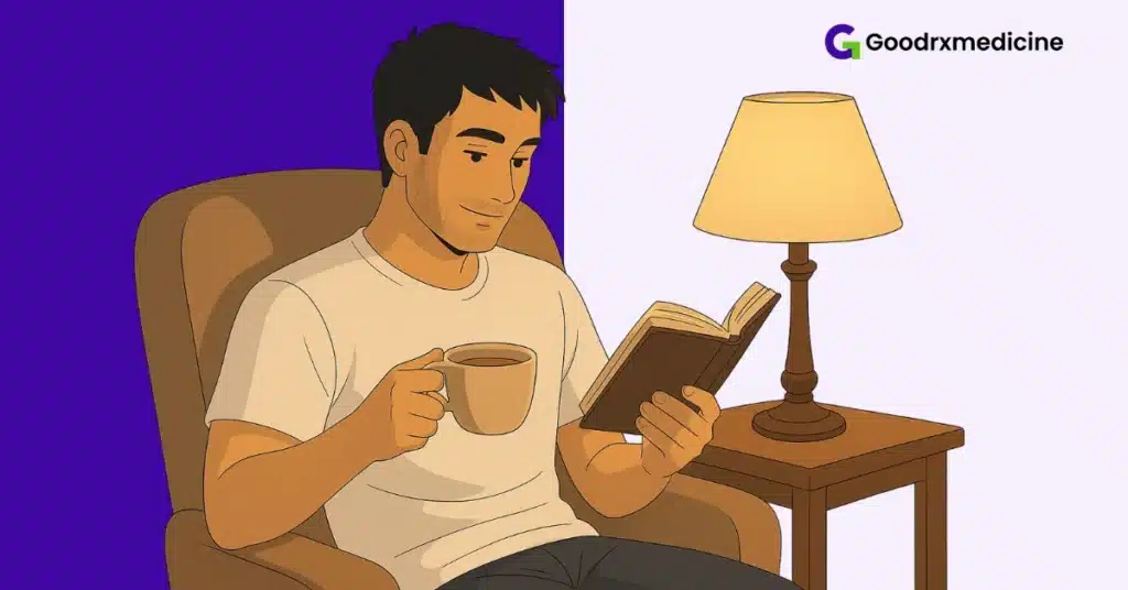 Person relaxing with herbal tea and book under soft lamplight