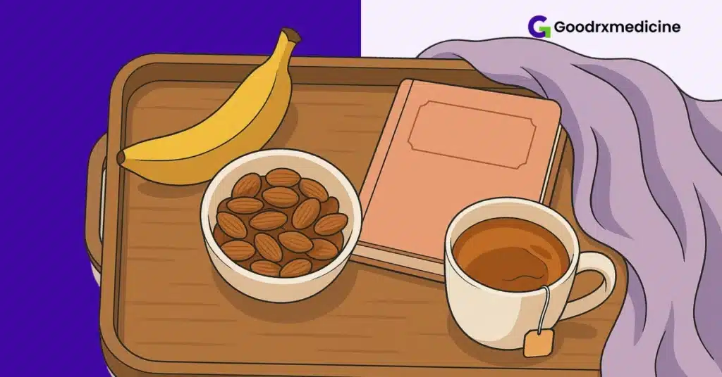 Sleep-boosting foods arranged next to a book and blanket