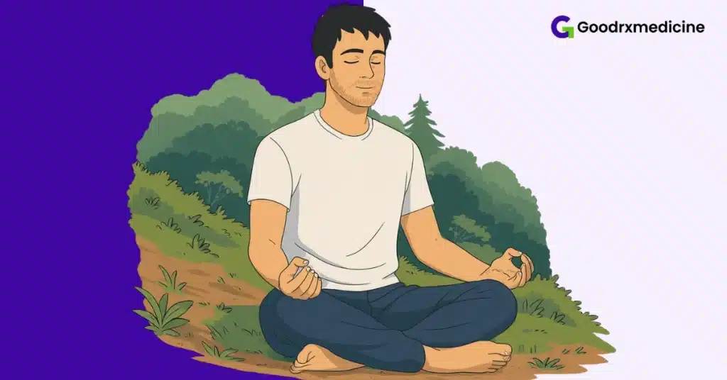 Person sitting in meditation pose outdoors to relax mentally