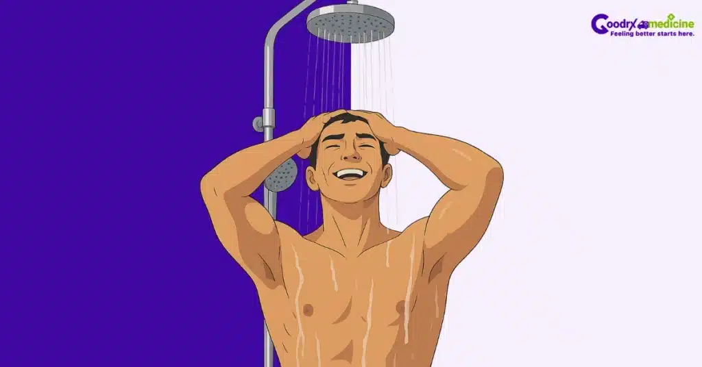 Man showering under cold water to get rid of an unwanted erection