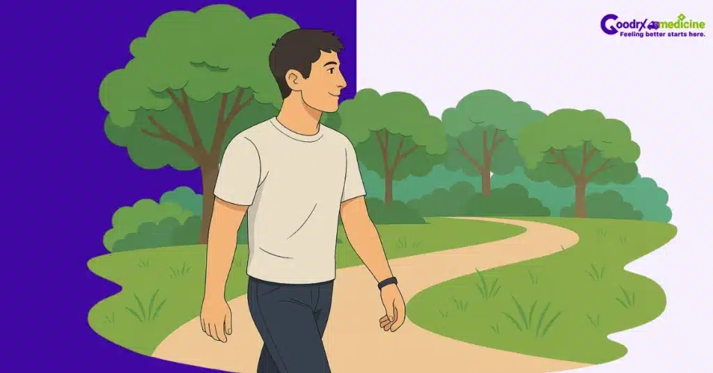 Person walking outdoors to relax and get rid of unwanted erection