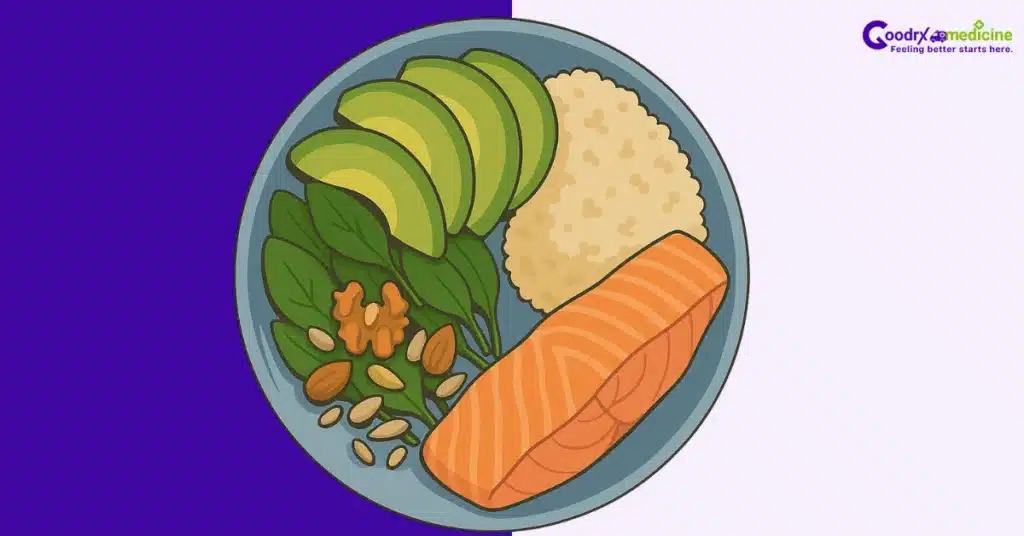 Balanced diet meal with salmon, spinach, and mixed nuts