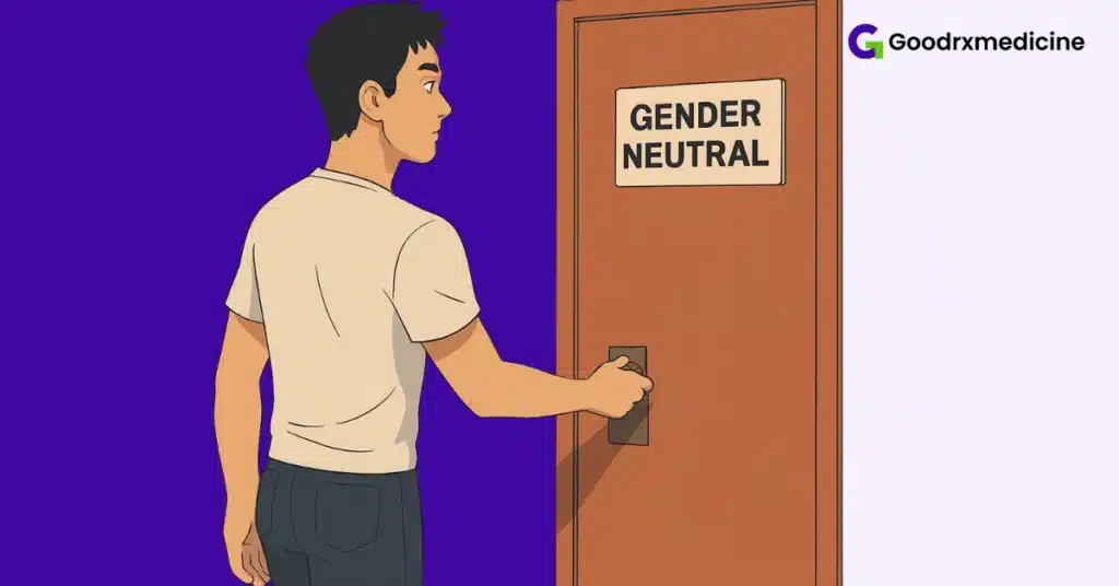 Person walking calmly into a restroom for privacy and control