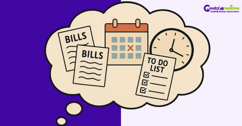 Thought bubble showing bills, calendar, clock, and to-do list