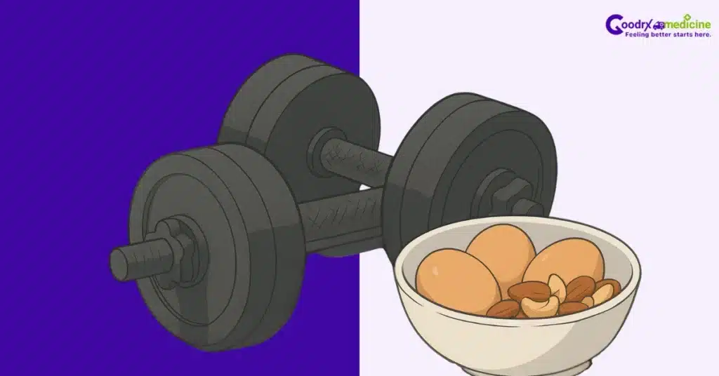 Dumbbells and protein-rich foods for hormone health