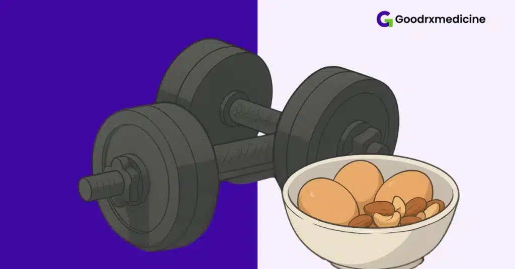 Dumbbells with eggs and nuts symbolizing natural testosterone support