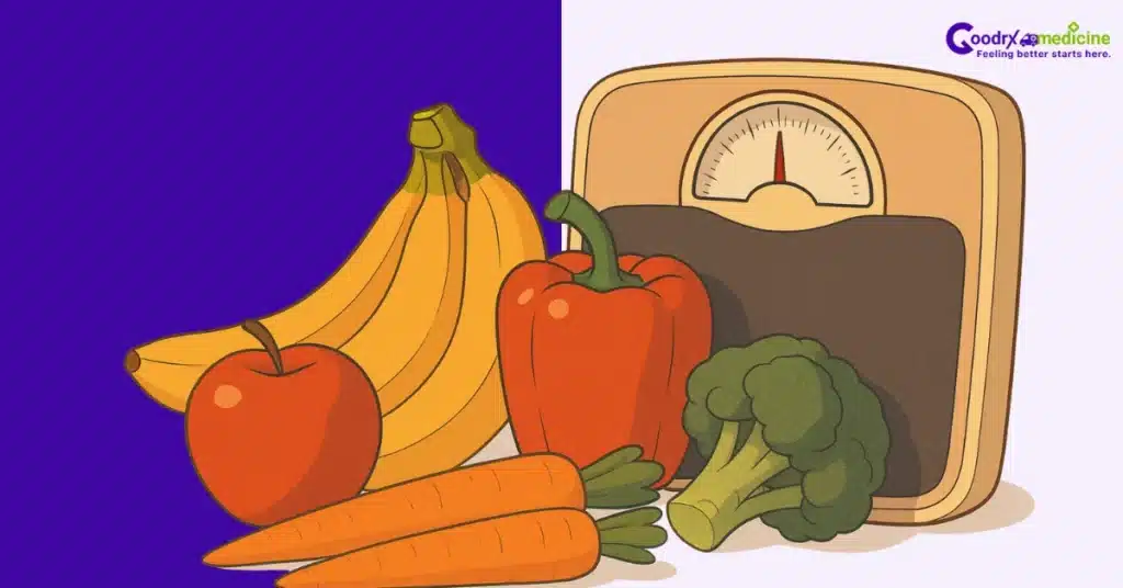 Weighing scale with fruits and veggies for ED health