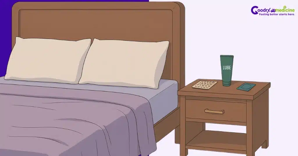 Safe sex essentials including condoms, lubricant, and birth control pills