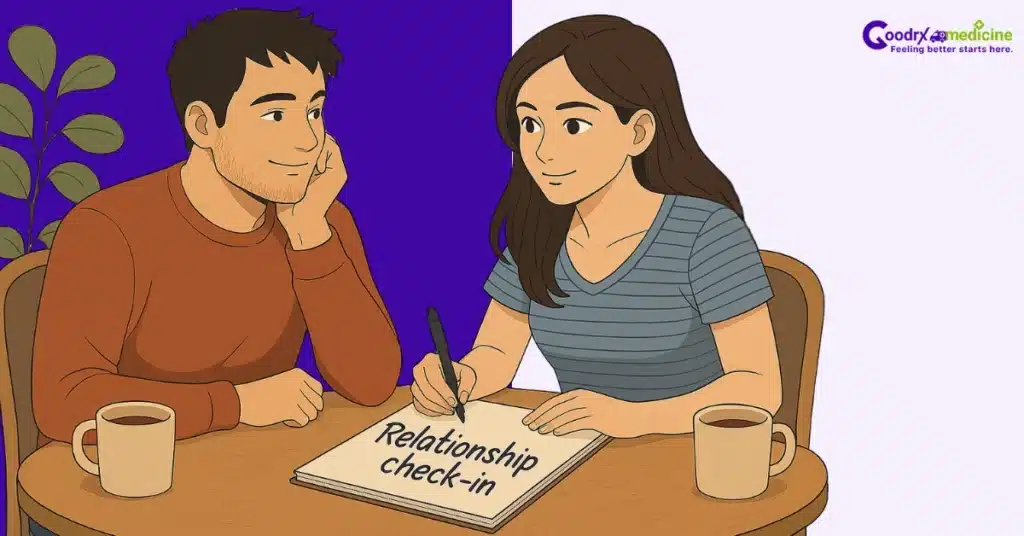 Couple at café having a relationship check-in conversation