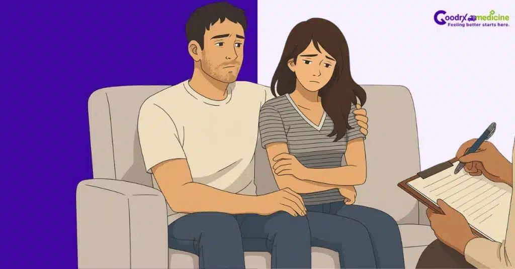 Couple sitting on sofa during sexual therapy session