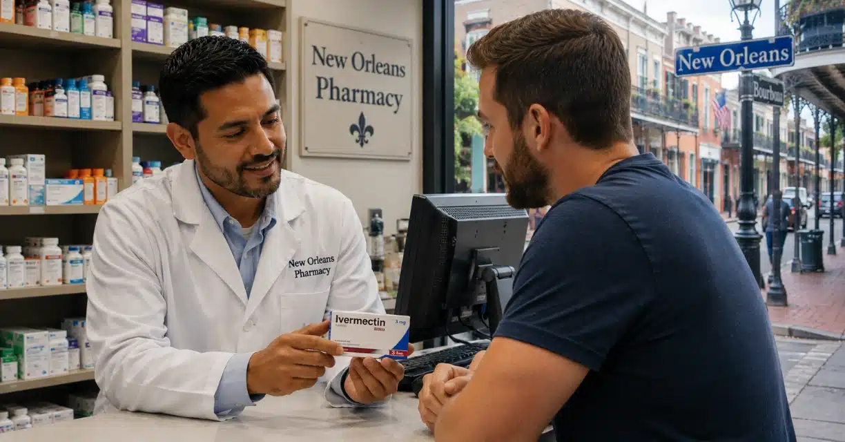Pharmacist handing ivermectin to customer at New Orleans pharmacy