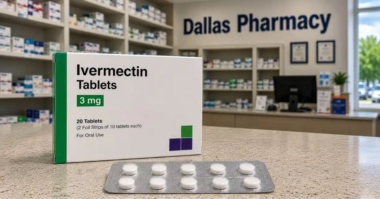 Ivermectin 3 mg tablets displayed inside Dallas pharmacy
