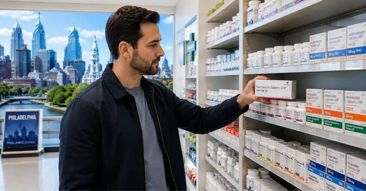 Man selecting Ivermectin from pharmacy shelf in Philadelphia