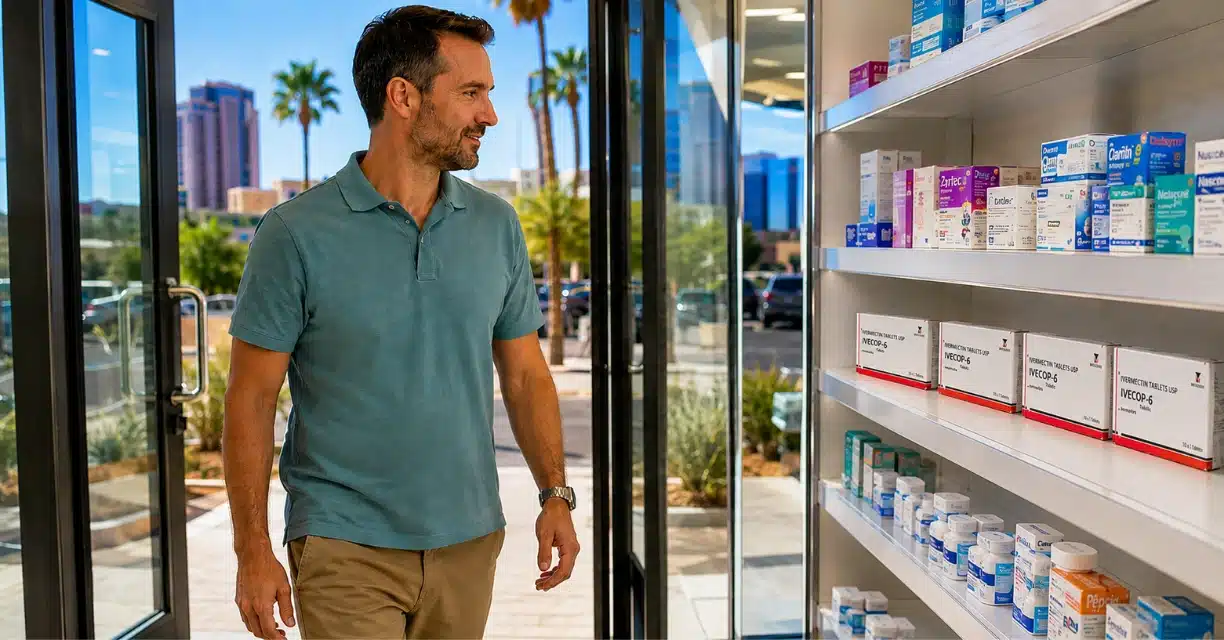Man browsing Ivecop-6 ivermectin boxes on Phoenix pharmacy shelf