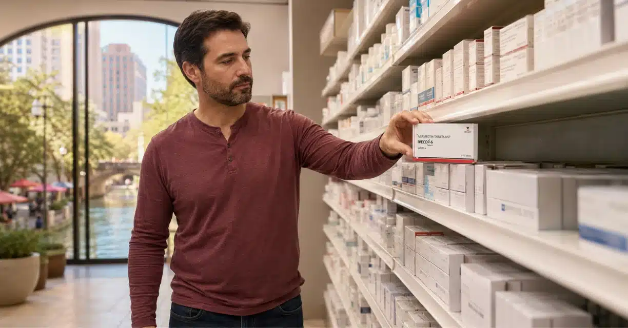Man selecting Ivecop-6 ivermectin box from San Antonio shelf