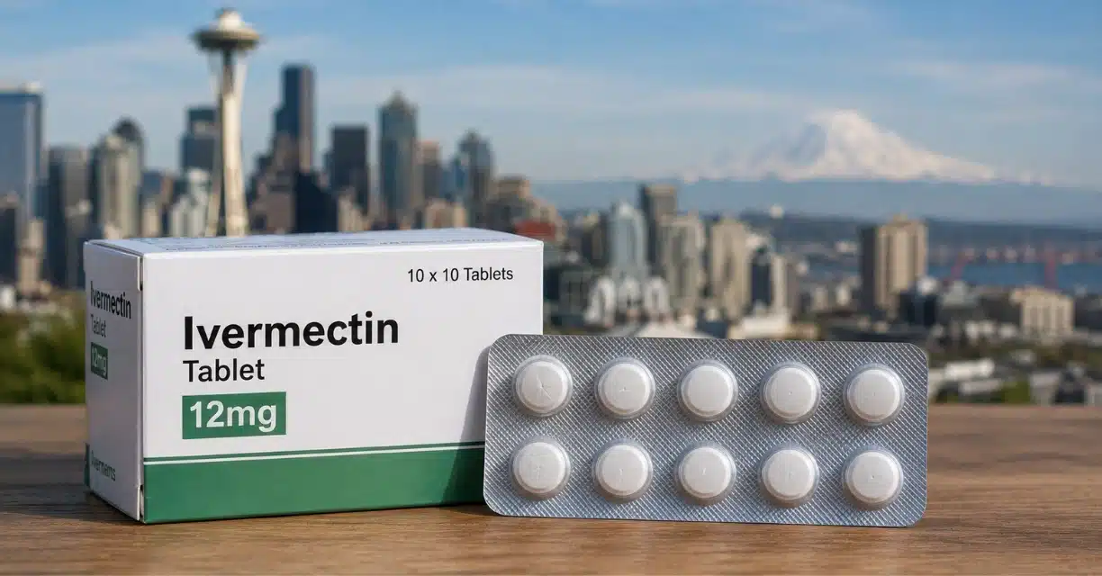 Ivermectin 12 mg box and tablets with Seattle skyline