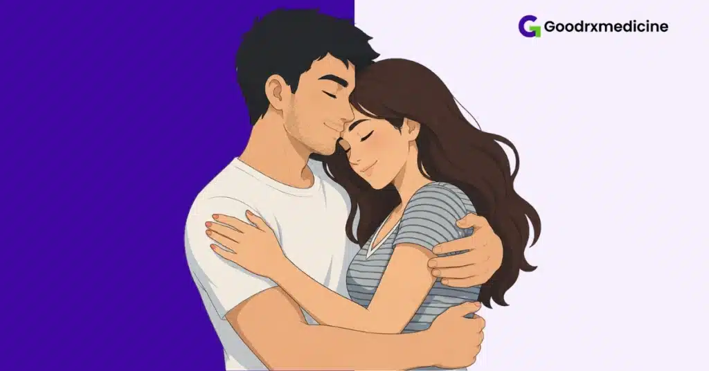 Couple embracing while one partner guides intimate affection
