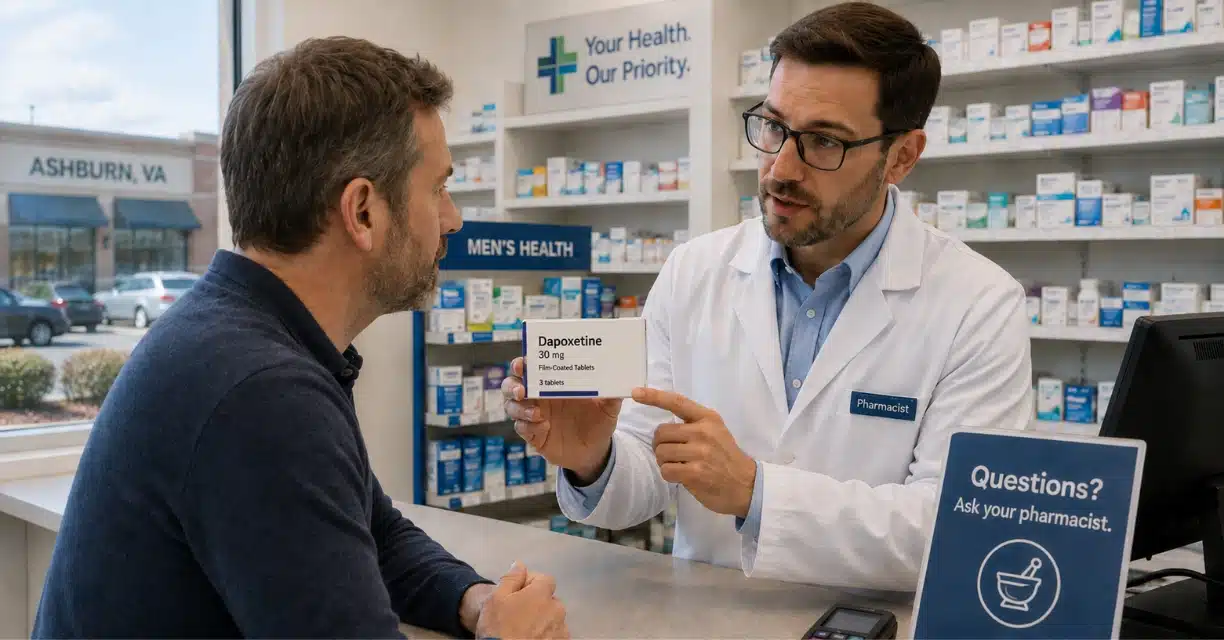 Pharmacist explaining dapoxetine to customer at Ashburn pharmacy