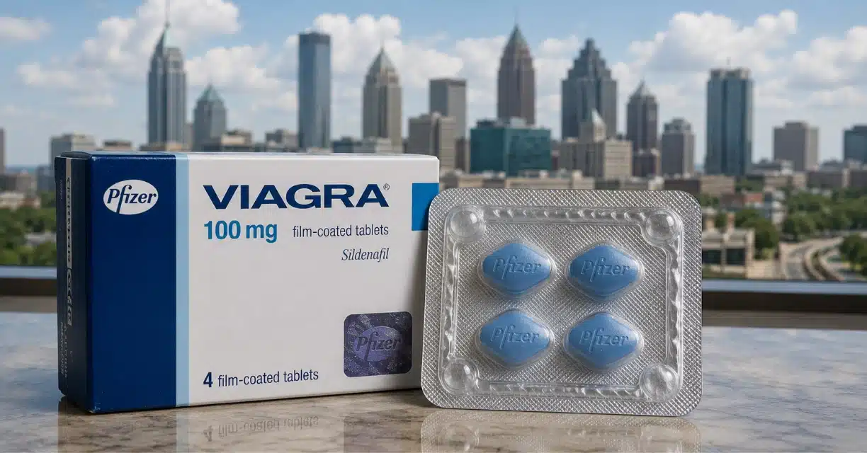 Viagra 100 mg box and tablets displayed against Atlanta skyline