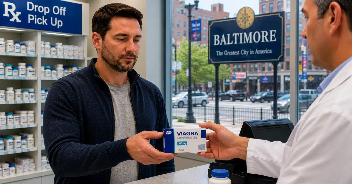 Man buying generic Viagra at Baltimore pharmacy counter