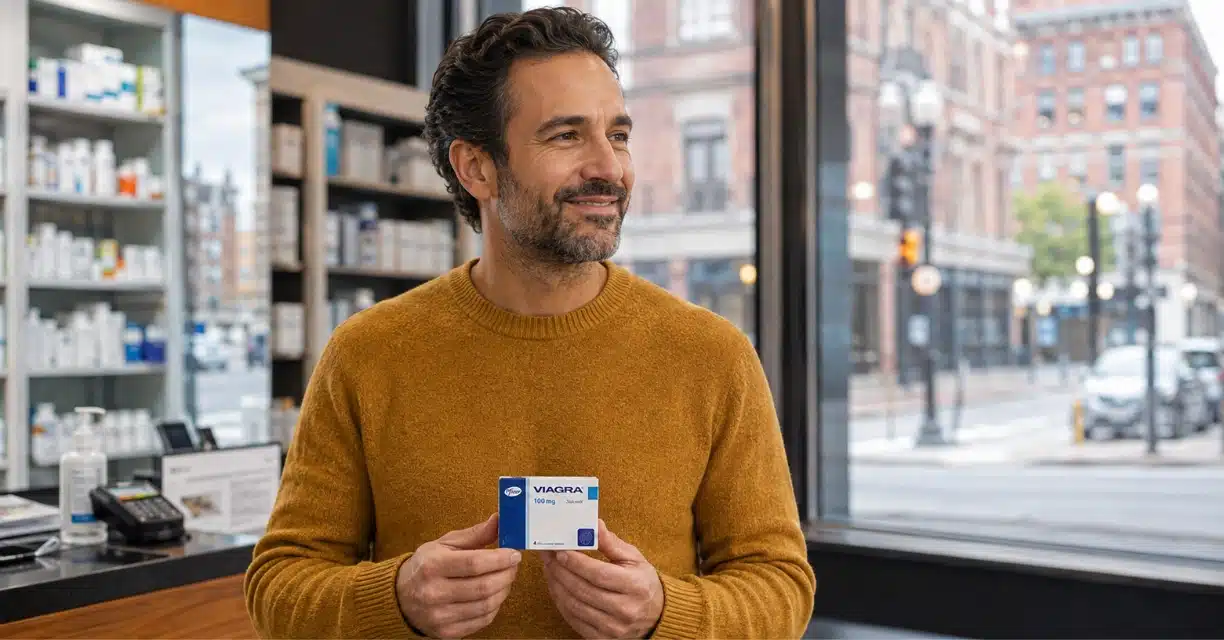 Man holding Viagra 100 mg box inside Boston pharmacy
