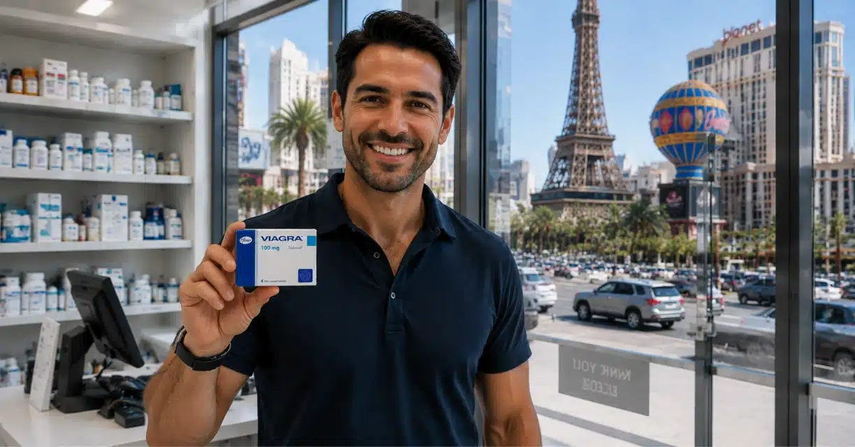 Man holding Viagra 100 mg box inside Las Vegas pharmacy