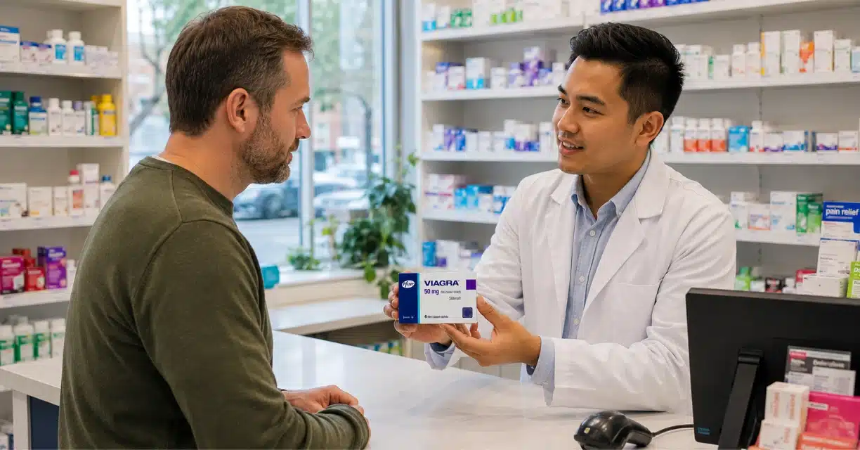 Pharmacist discussing generic Viagra with customer in Los Angeles