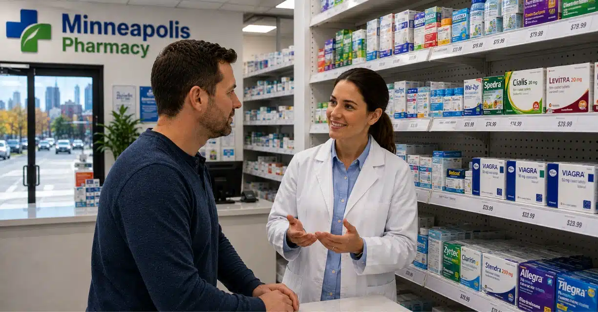 Customer discussing generic Viagra with pharmacist in Minneapolis