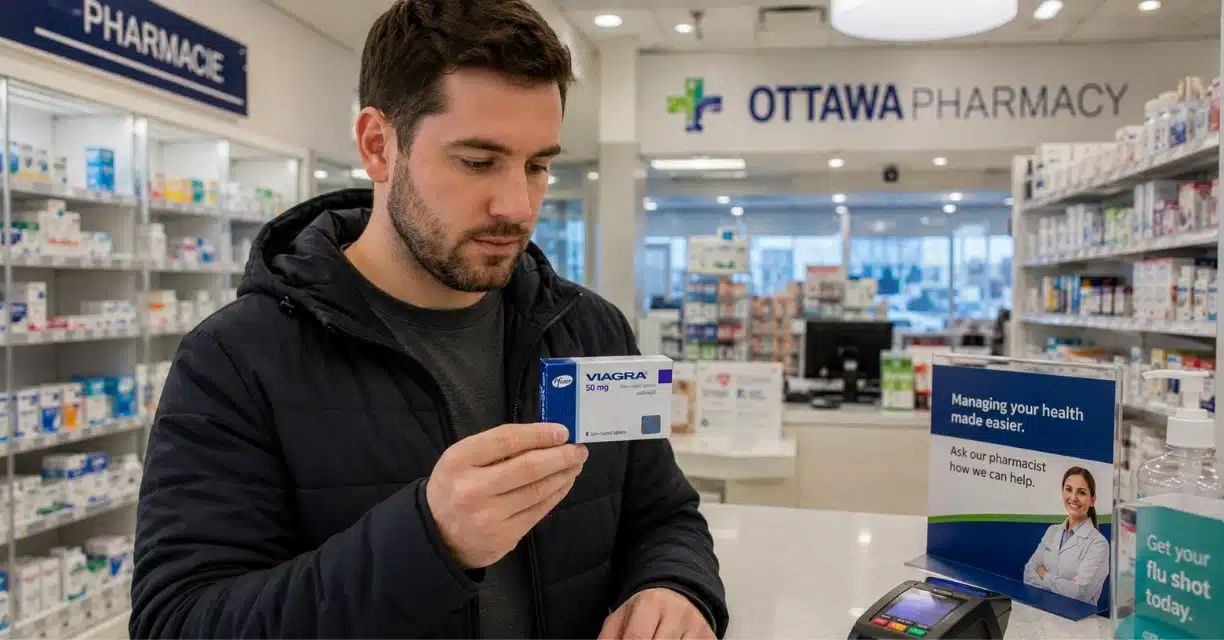 Man holding generic Viagra inside Ottawa pharmacy
