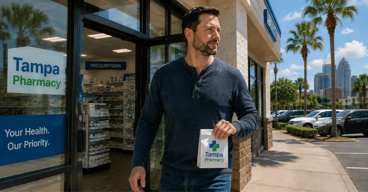 Man leaving Tampa pharmacy with generic Viagra purchase