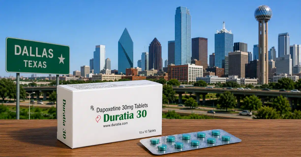 Duralast 30 dapoxetine box and blister pack against Dallas skyline