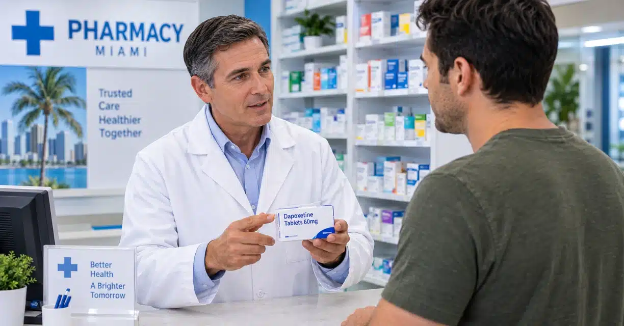 Pharmacist discussing dapoxetine for premature ejaculation in Miami