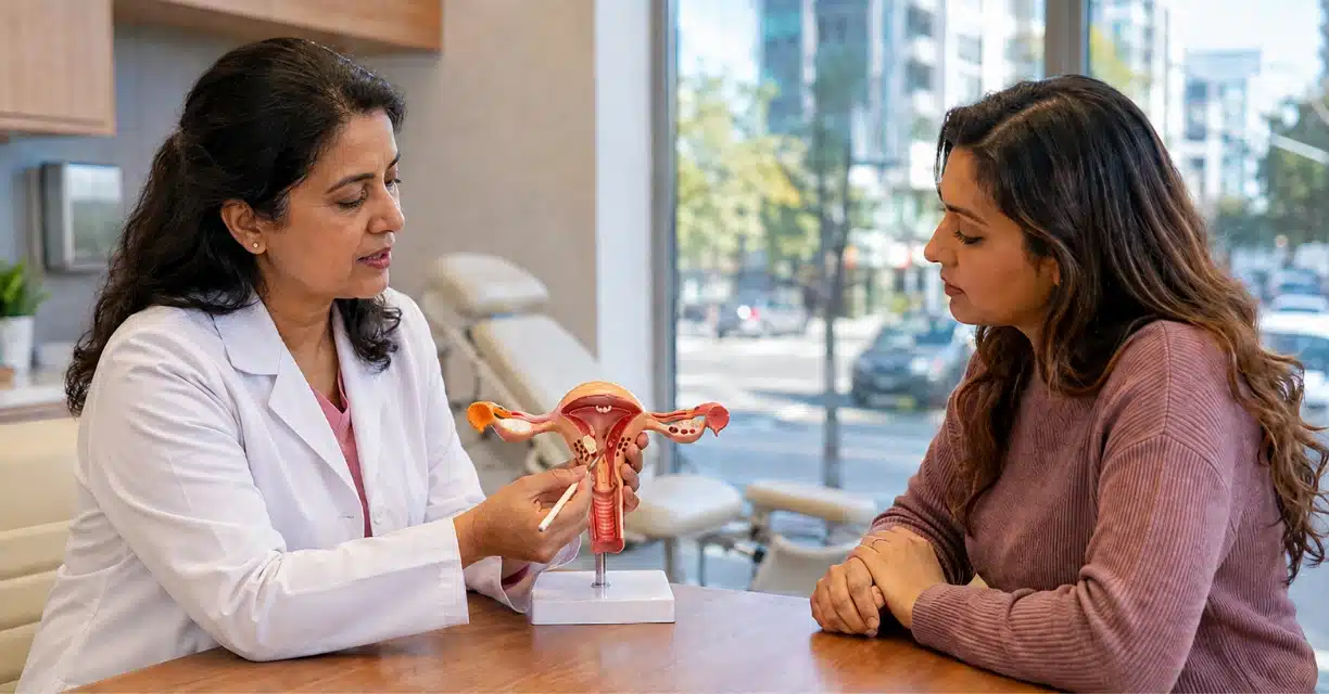Doctor demonstrating uterus model during PCOS consultation in Phoenix