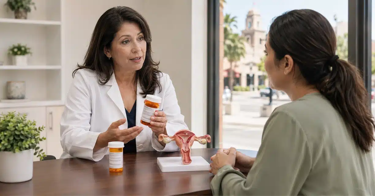 Doctor showing medicine bottle during PCOS consultation in San Antonio