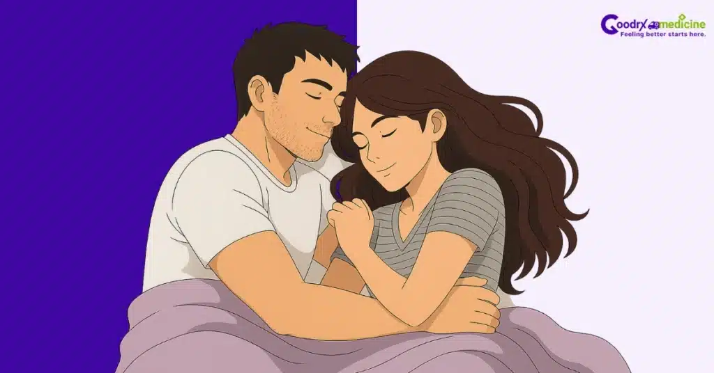 Male hands gently on female lower abdomen