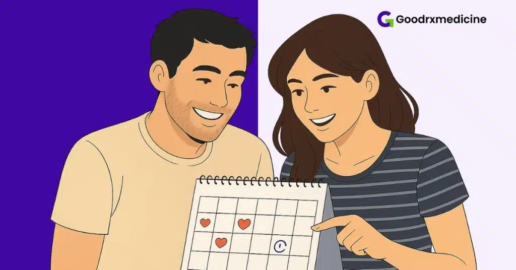 Smiling couple checking a calendar to practice timing techniques