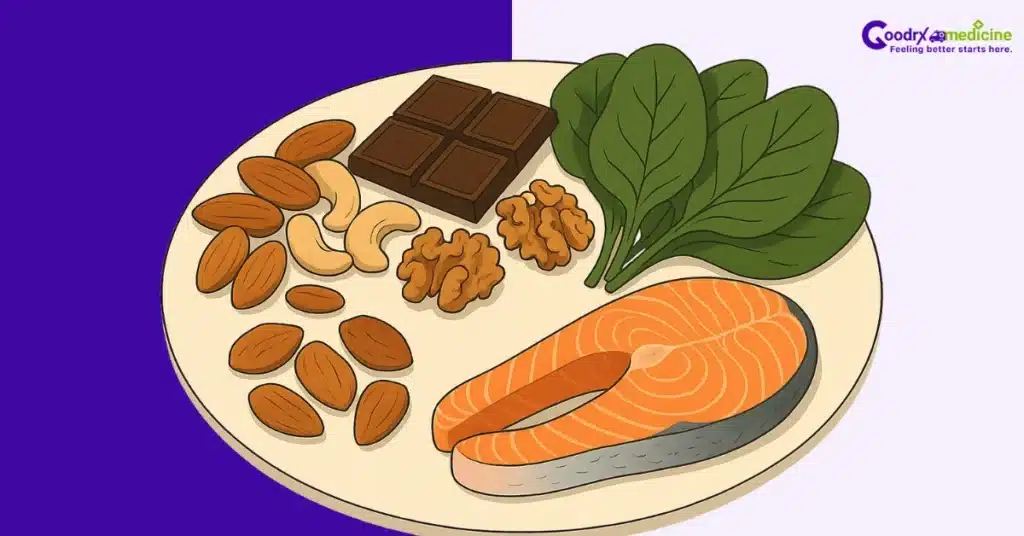 Plate of nuts, dark chocolate, greens, and fish for reducing refractory period