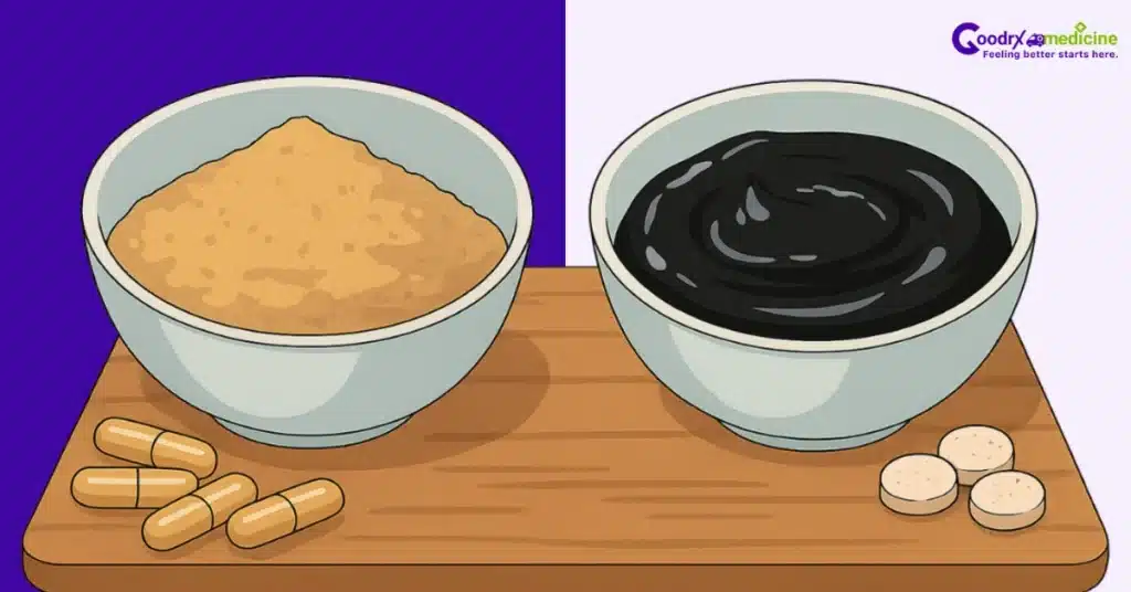 Ashwagandha and Shilajit capsules on wooden surface