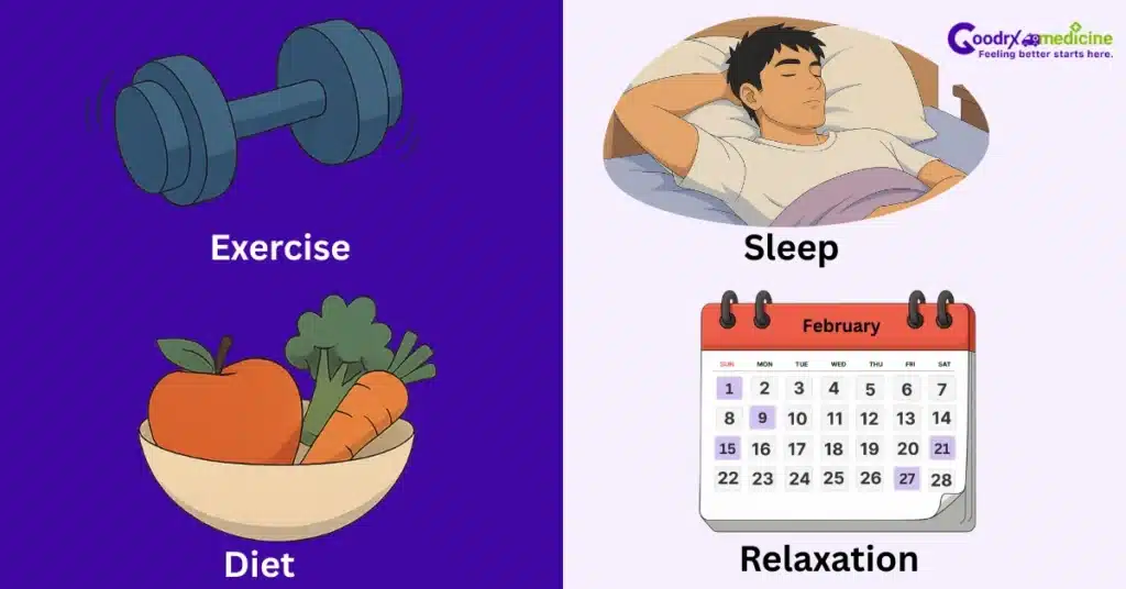 Icons of exercise, sleep, diet, and relaxation for better ejaculation