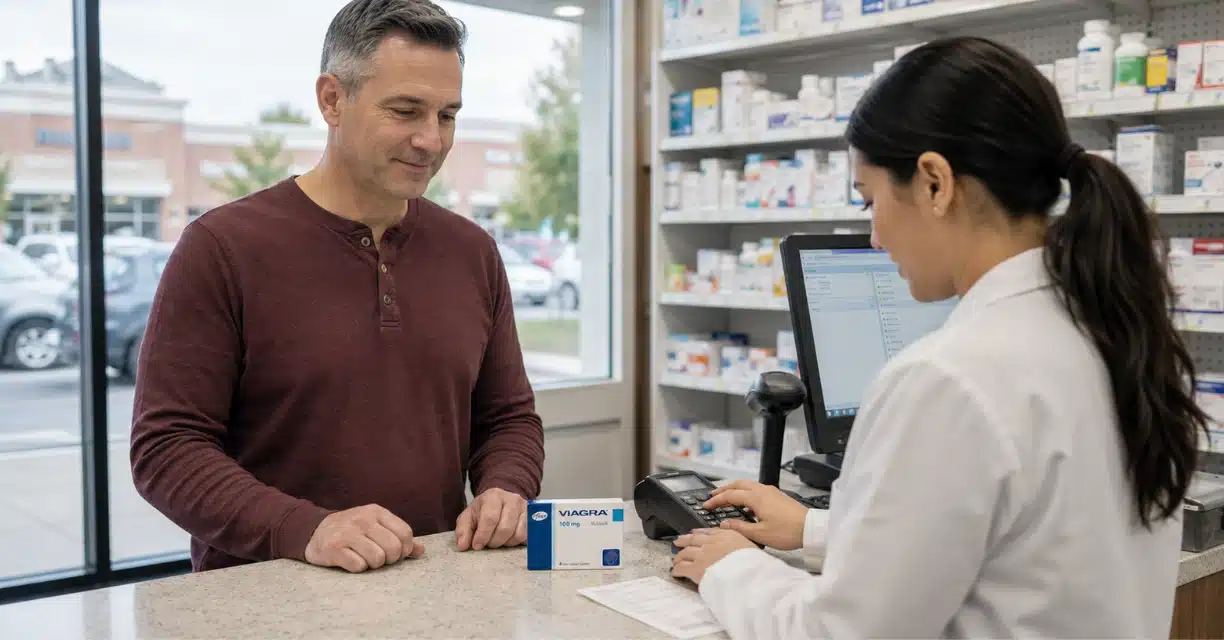 Viagra 100 mg box on counter at Ashburn pharmacy