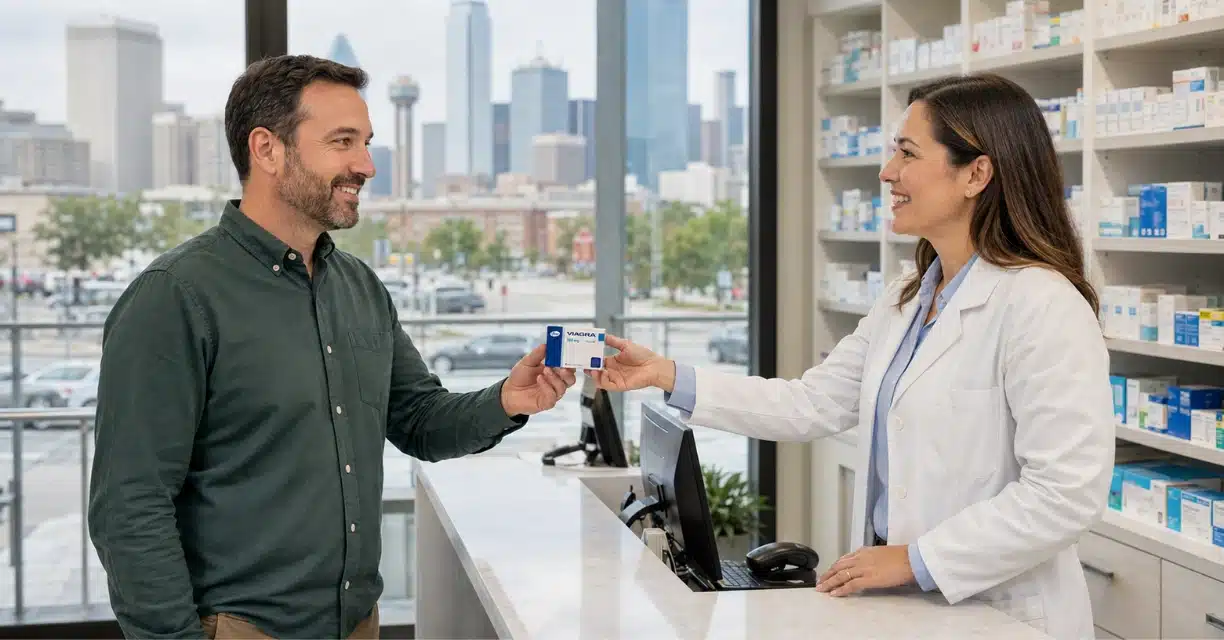 Pharmacist handing Viagra 100 mg box to man in Dallas