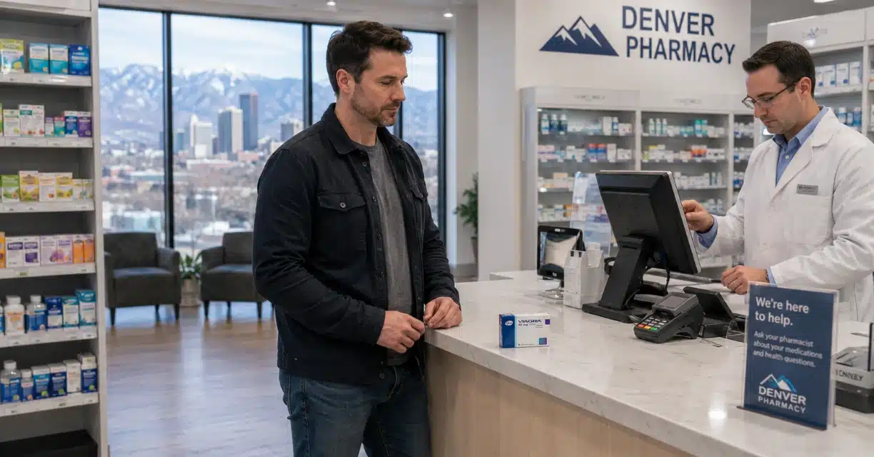 Man speaking with pharmacist about generic Viagra in Denver
