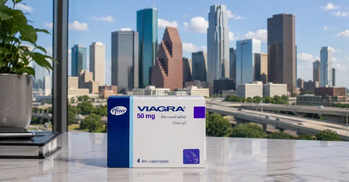 Generic Viagra package displayed with Houston skyline